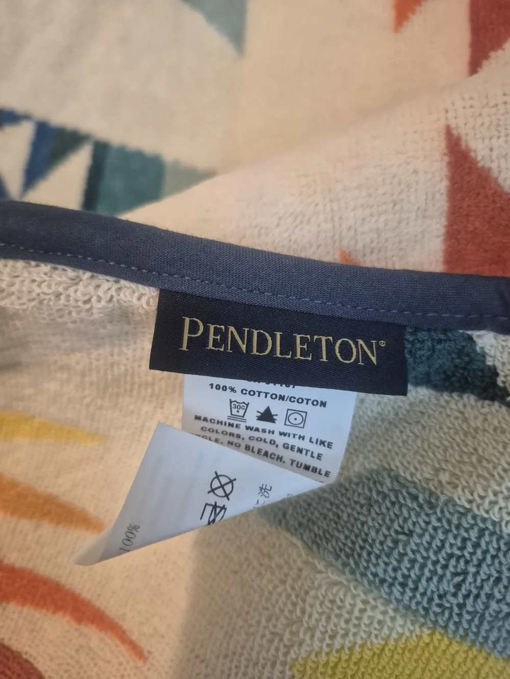 Pendleton Cream Hooded Towel with Blue, Red, Orange & Yellow Geometric Pattern
